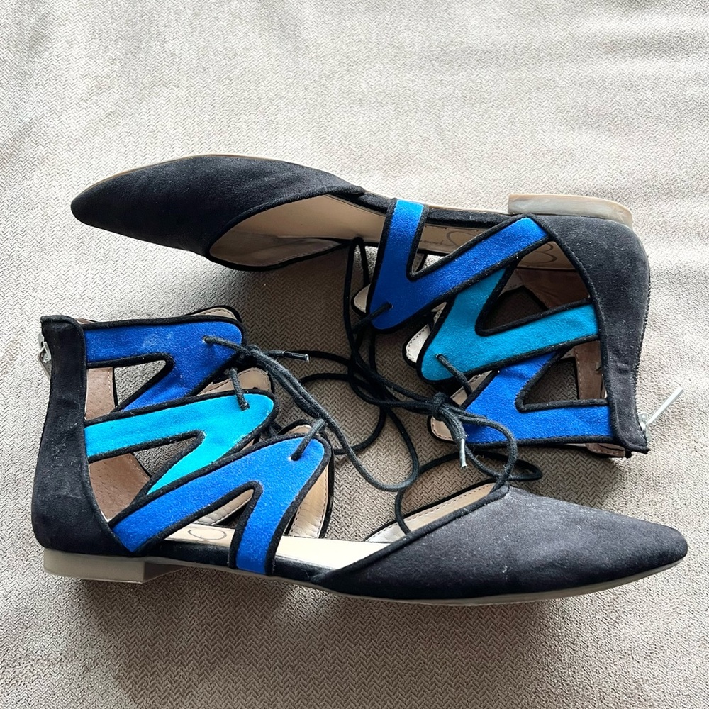 Jessica Simpson Suede Blue Black Lace Up Flats Shoes Ziana